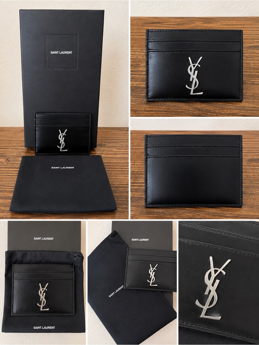 Saint Laurent YSL Cassandre Black Leather Silver Logo Card Holder + Box Dust Bag